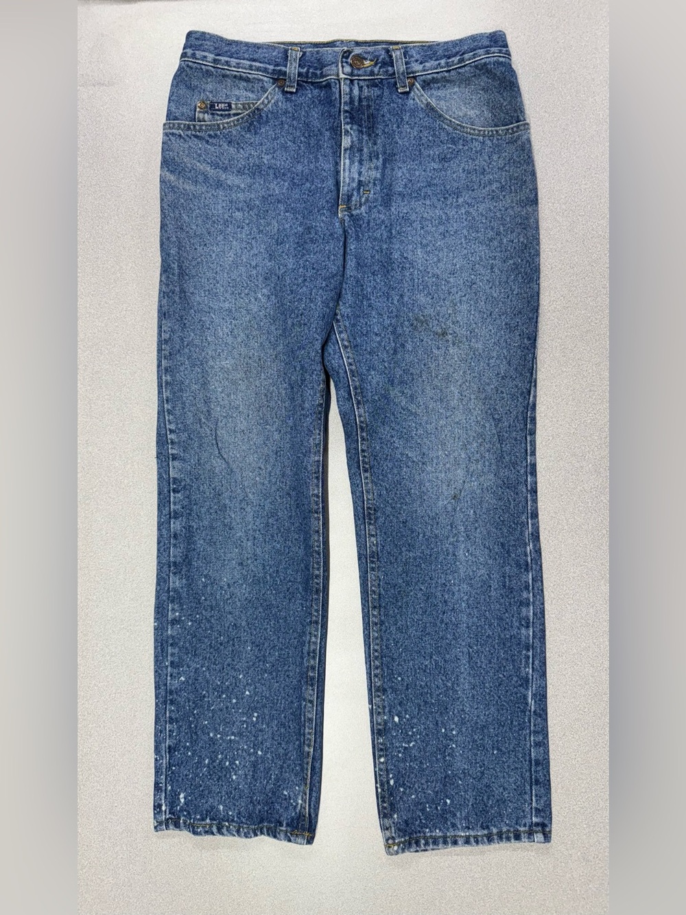 Vintage Lee Men’s Blue Straight-Leg Jeans Distressed Paint Splatter Medium Wash